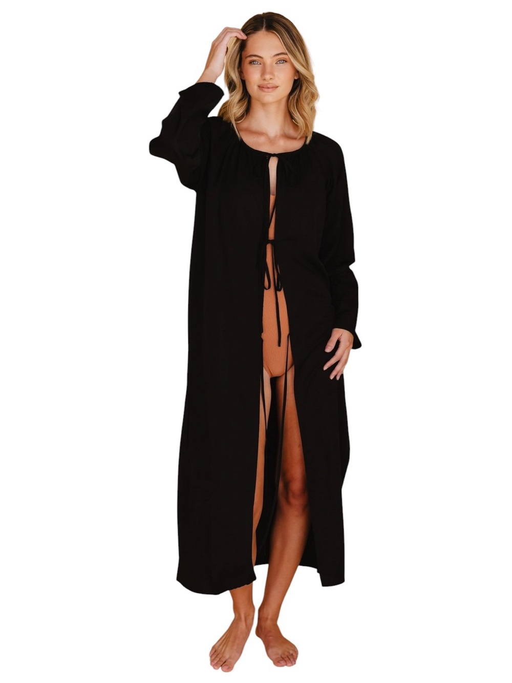 Tied Sunwear Naomi Front Tie Dress Black Women’s Size XS Small UPF 50 Maxi Cover
